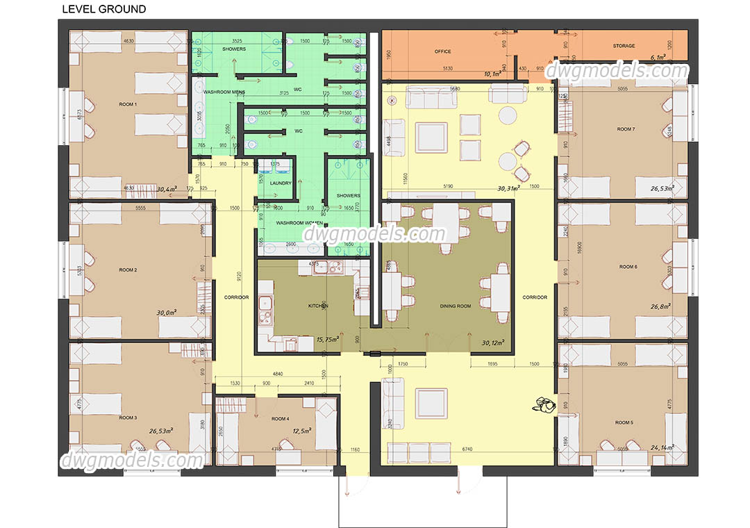 Hostel Plan AutoCAD Drawing CAD File Download Furniture Room Design