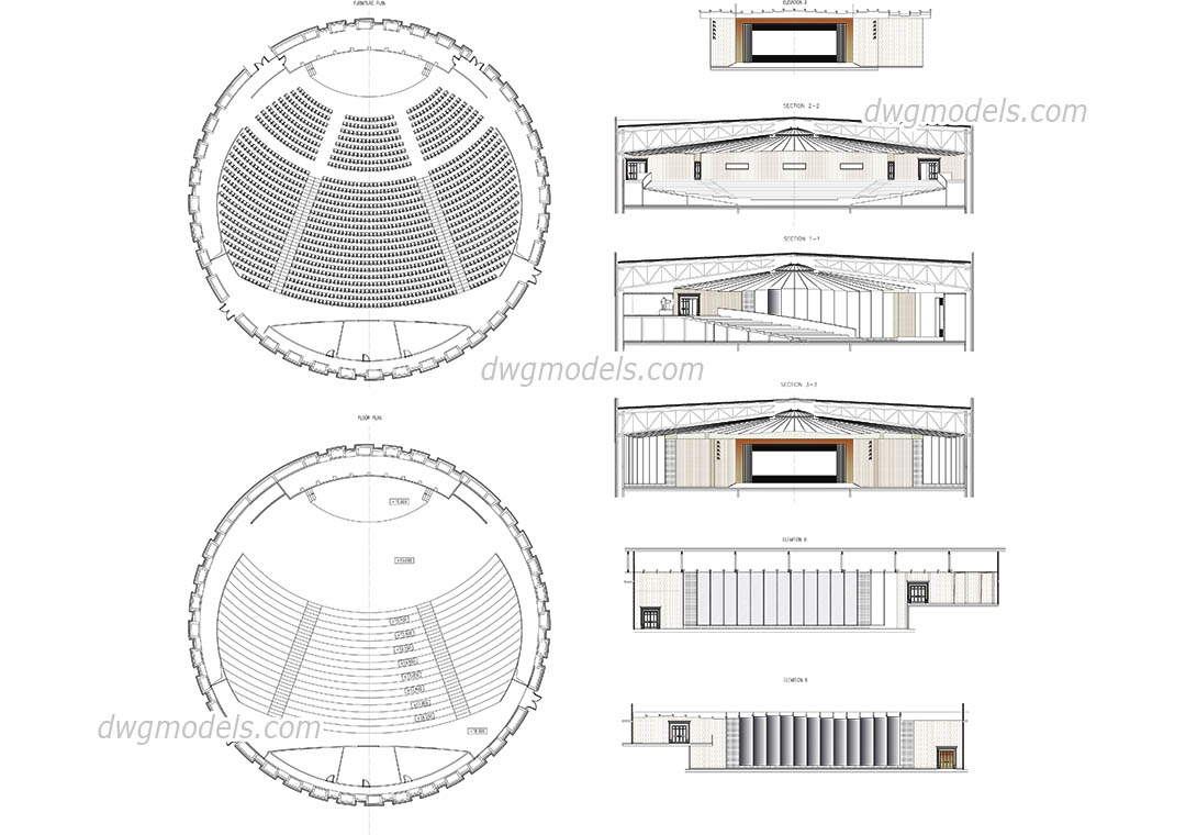 Concert Hall Plan, Elevation dwg, CAD Blocks, free download.