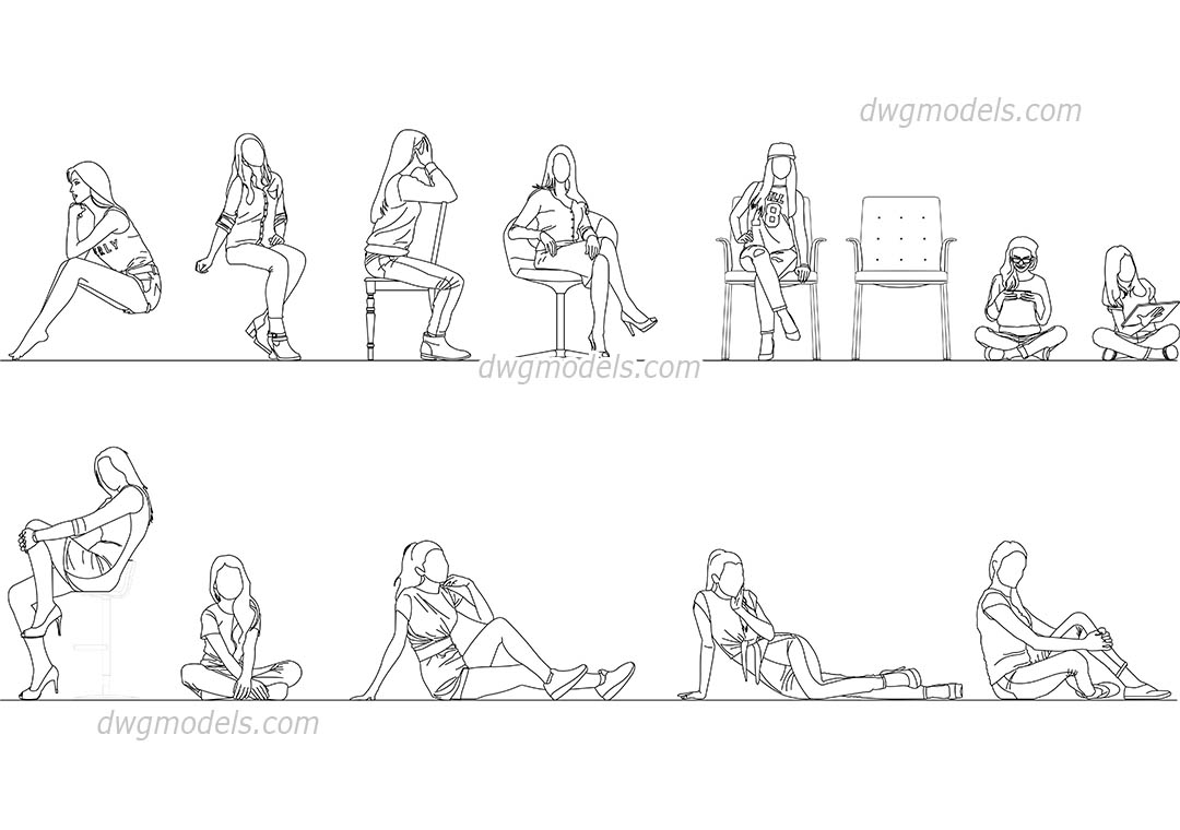 Sitting Girls dwg, CAD Blocks, free download.