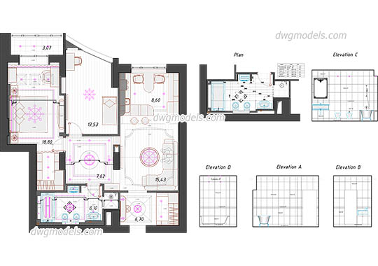 Two Bedroom Flat free dwg model