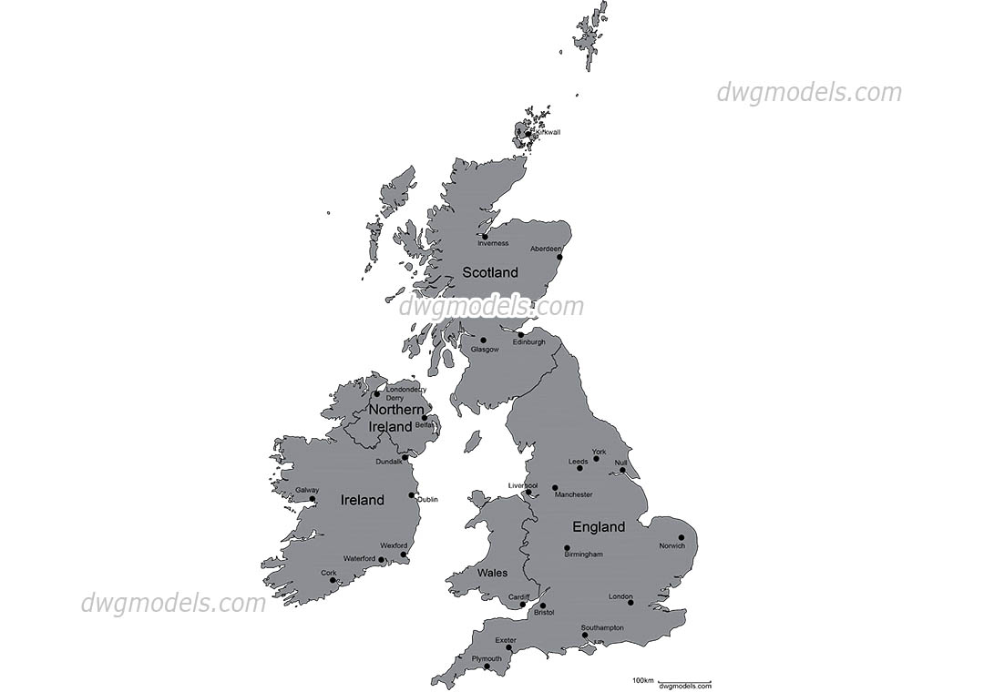Map of Great Britain and Ireland dwg, CAD Blocks, free download.