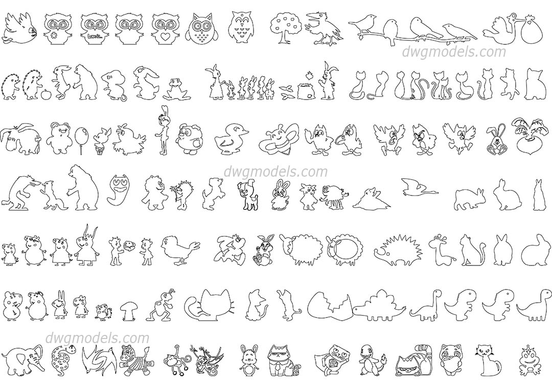 Cartoon Animals dwg, CAD Blocks, free download.